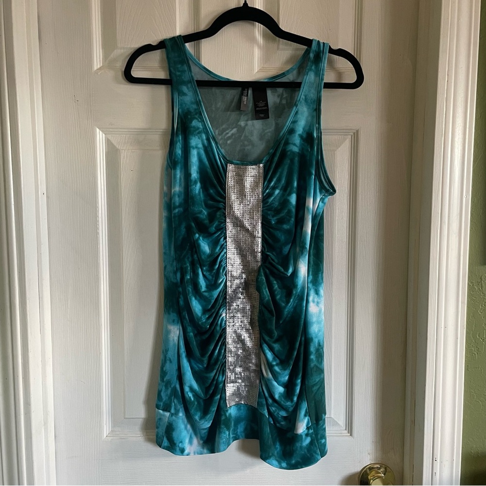 Bisou Bisou Y2K Teal Ruched Sequin Tank Top Women’s Size Large tie dye bling